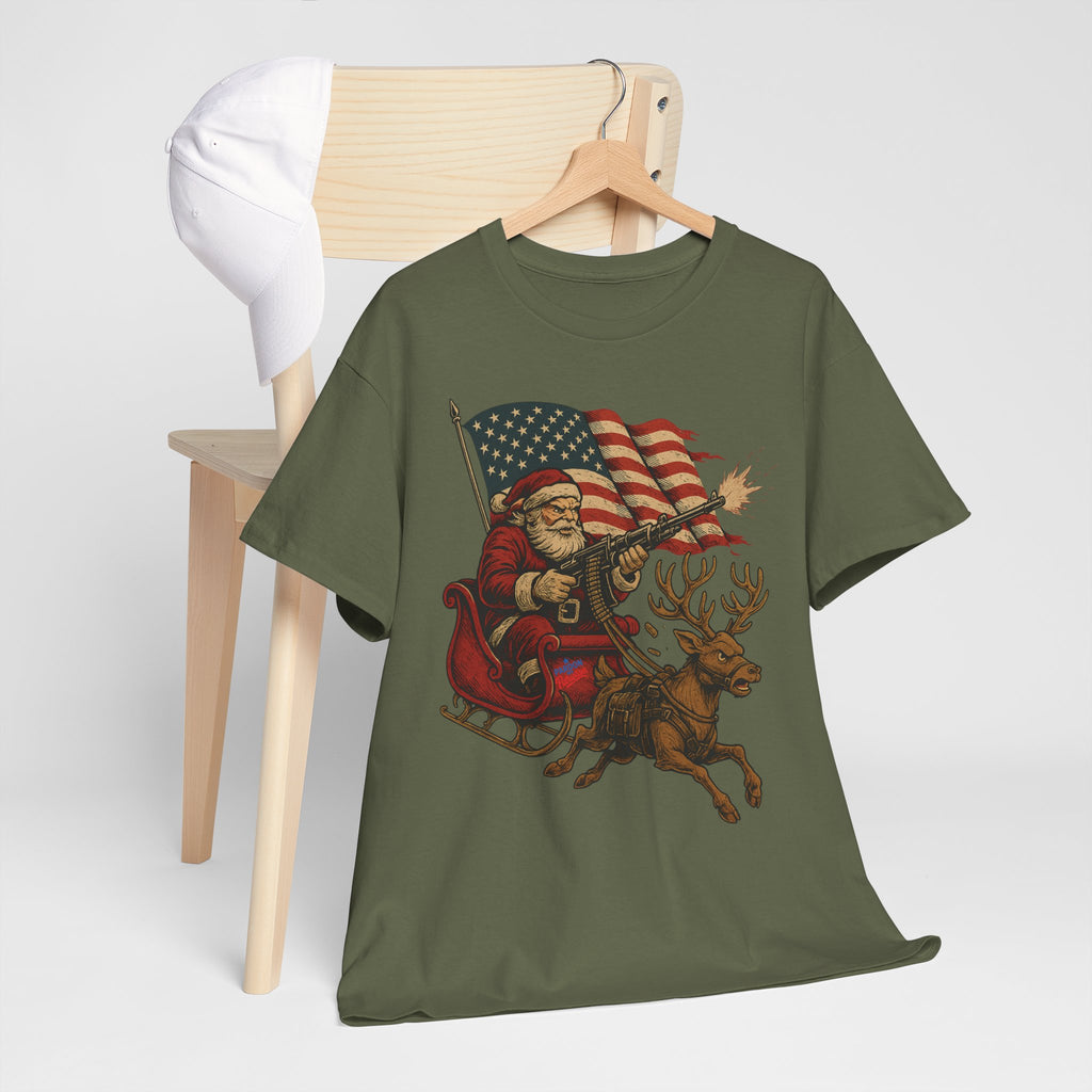 Machine Gun Santa (Sleighin’ & Sprayin’) T-Shirt | Unisex American Pride | Heavy Cotton Unisex Heavy Cotton Military Tribute Tee