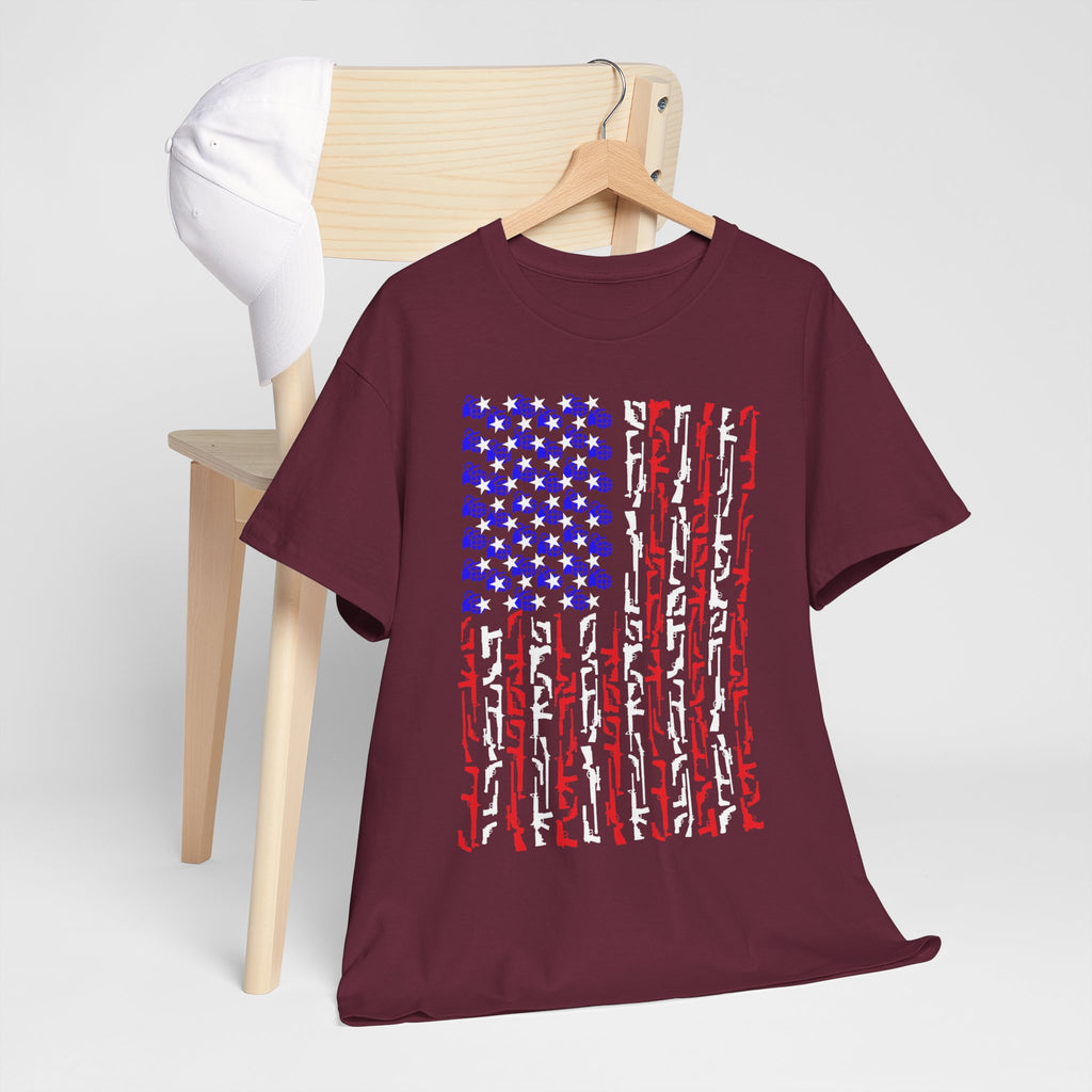 Armament of Freedom – Stars, Stripes & Firepower T-Shirt | Patriotic Unisex Heavy Cotton Tee - USA Flag Design