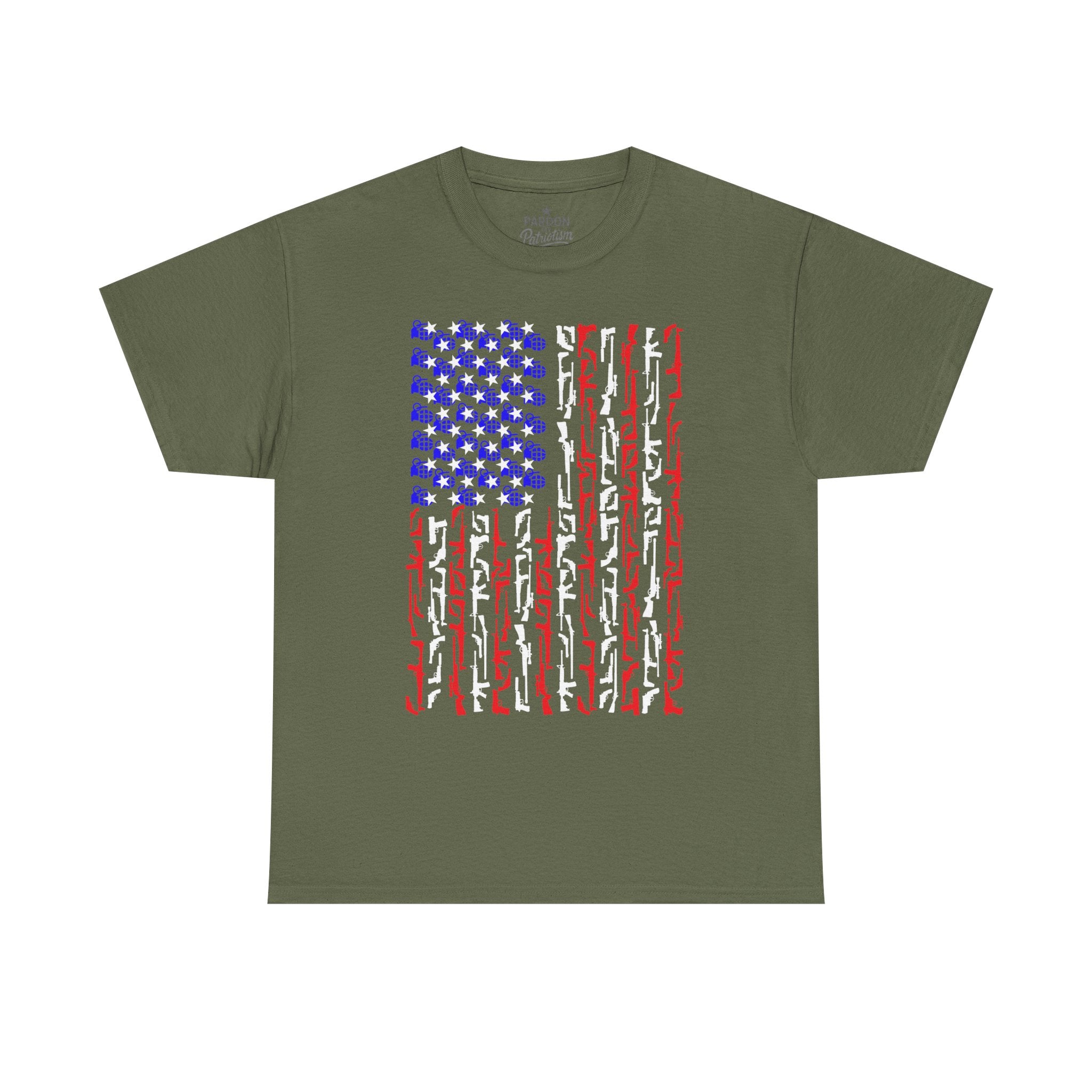 Armament of Freedom – Stars, Stripes & Firepower T-Shirt | Patriotic Unisex Heavy Cotton Tee - USA Flag Design