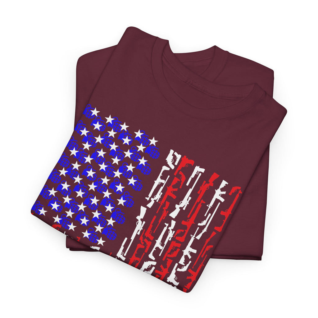 Armament of Freedom – Stars, Stripes & Firepower T-Shirt | Patriotic Unisex Heavy Cotton Tee - USA Flag Design