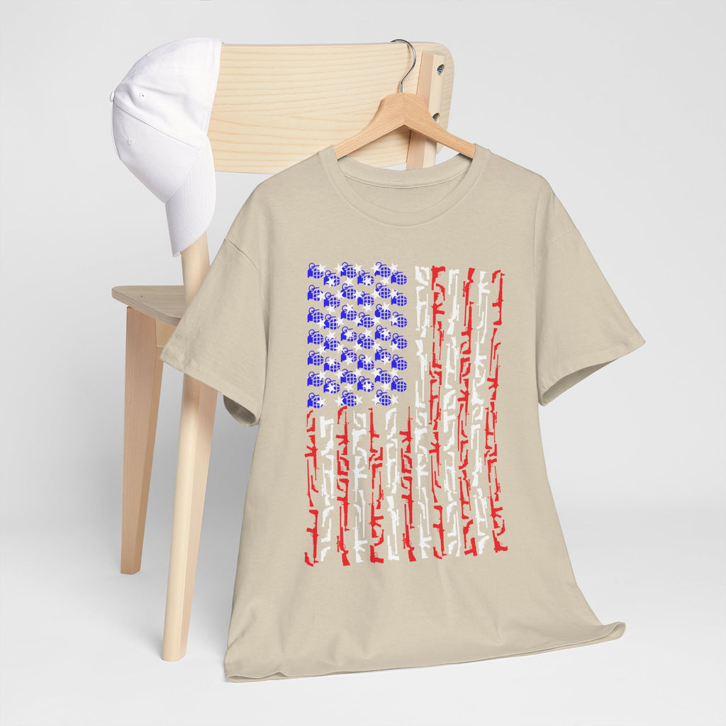 Armament of Freedom – Stars, Stripes & Firepower T-Shirt | Patriotic Unisex Heavy Cotton Tee - USA Flag Design