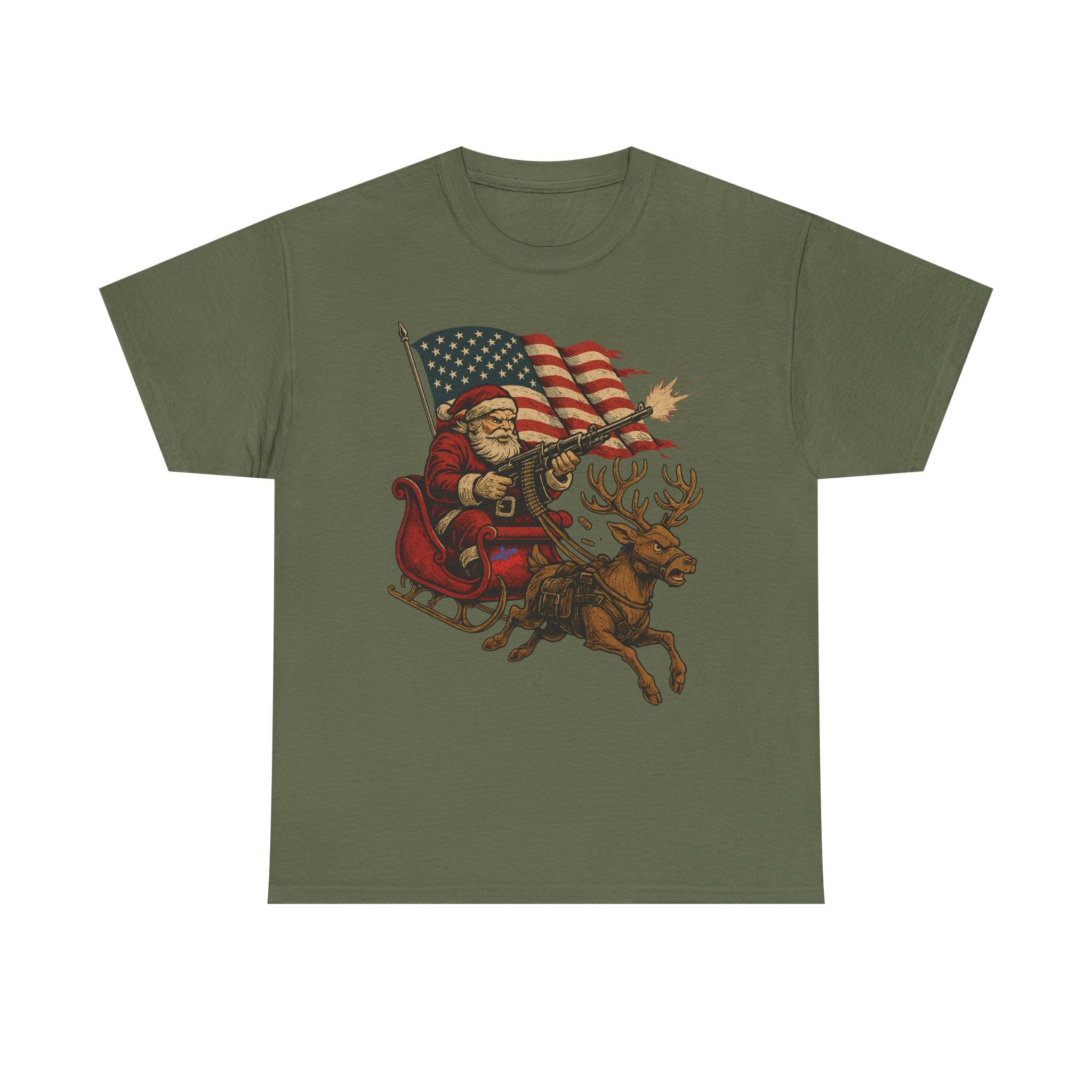 LIMITED Machine Gun Santa (Sleighin’ & Sprayin’) T-Shirt | Unisex American Pride | Heavy Cotton Unisex Heavy Cotton Military Tribute Tee