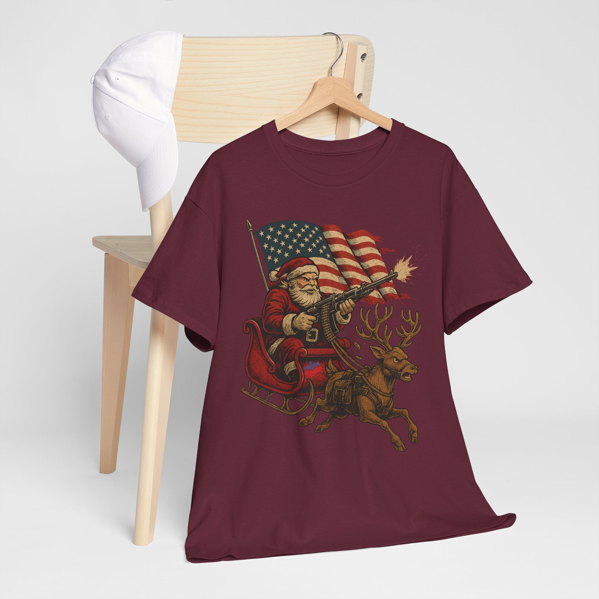 Machine Gun Santa (Sleighin’ & Sprayin’) T-Shirt | Unisex American Pride | Heavy Cotton Unisex Heavy Cotton Military Tribute Tee
