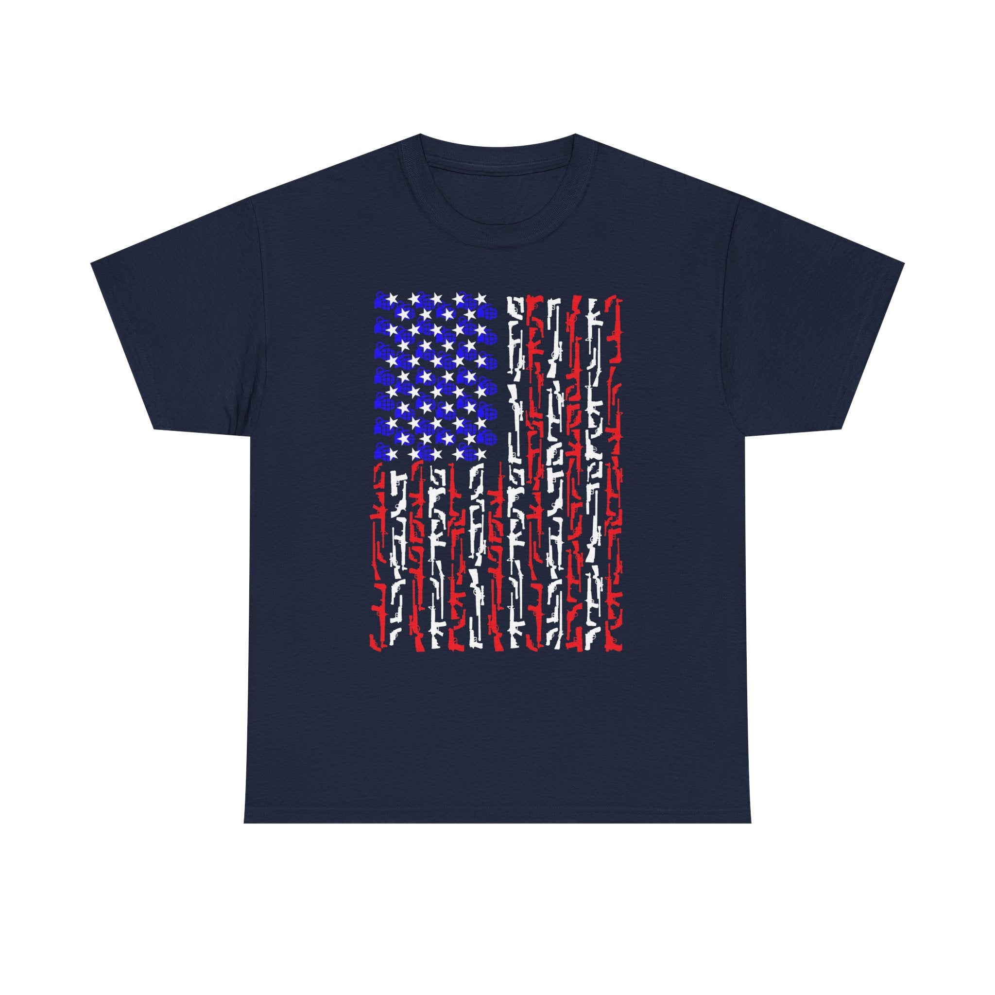 Armament of Freedom – Stars, Stripes & Firepower T-Shirt | Patriotic Unisex Heavy Cotton Tee - USA Flag Design