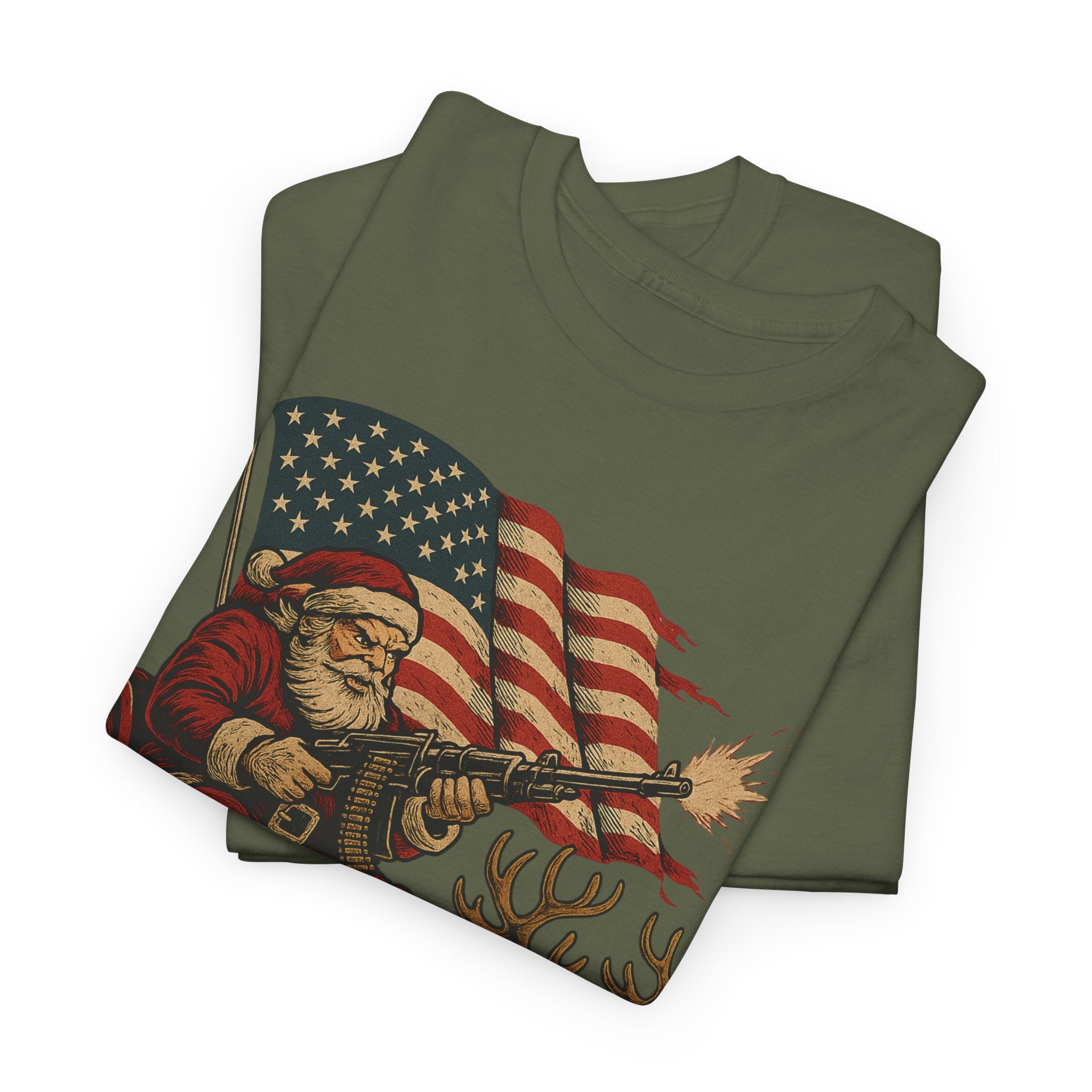 LIMITED Machine Gun Santa (Sleighin’ & Sprayin’) T-Shirt | Unisex American Pride | Heavy Cotton Unisex Heavy Cotton Military Tribute Tee
