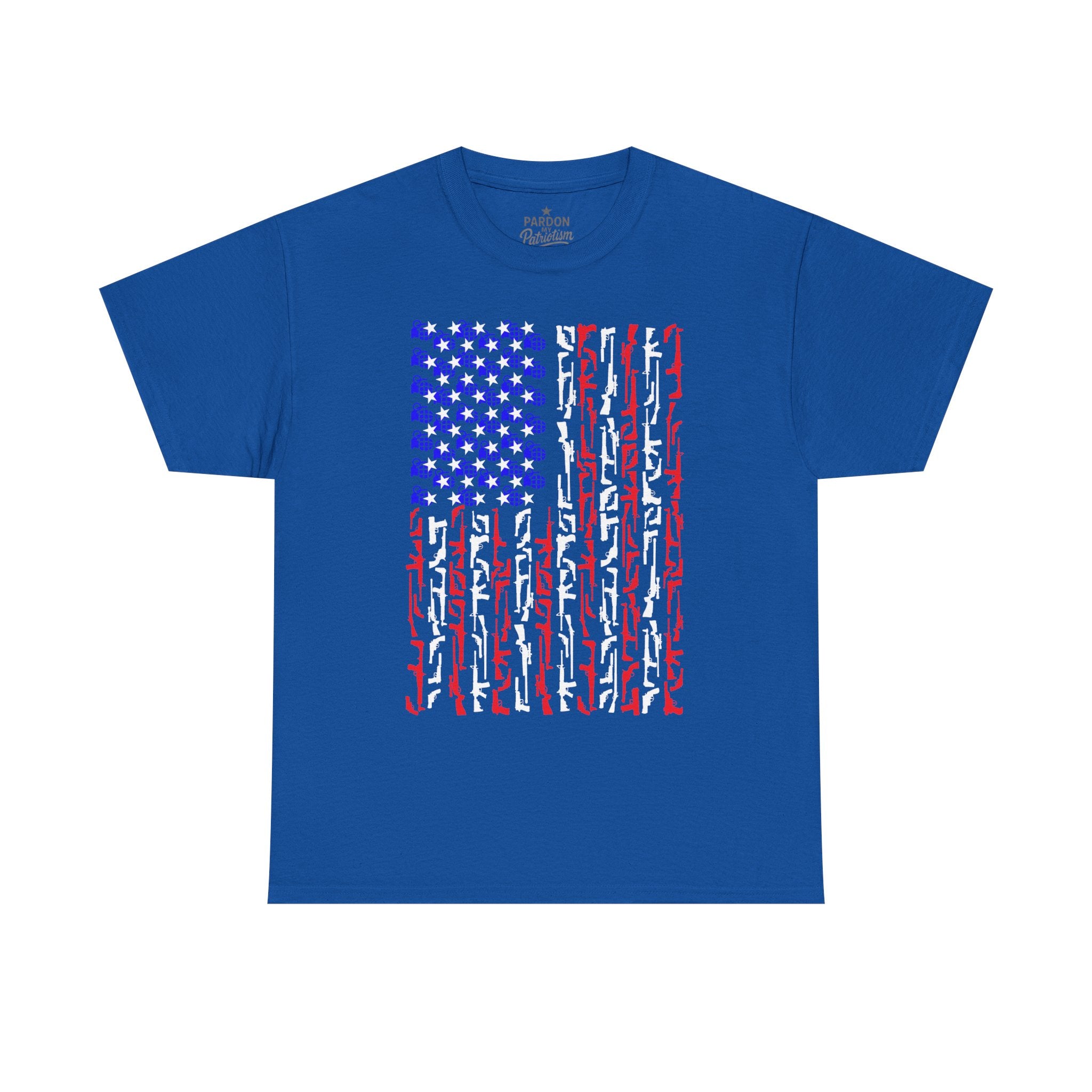 Armament of Freedom – Stars, Stripes & Firepower T-Shirt | Patriotic Unisex Heavy Cotton Tee - USA Flag Design