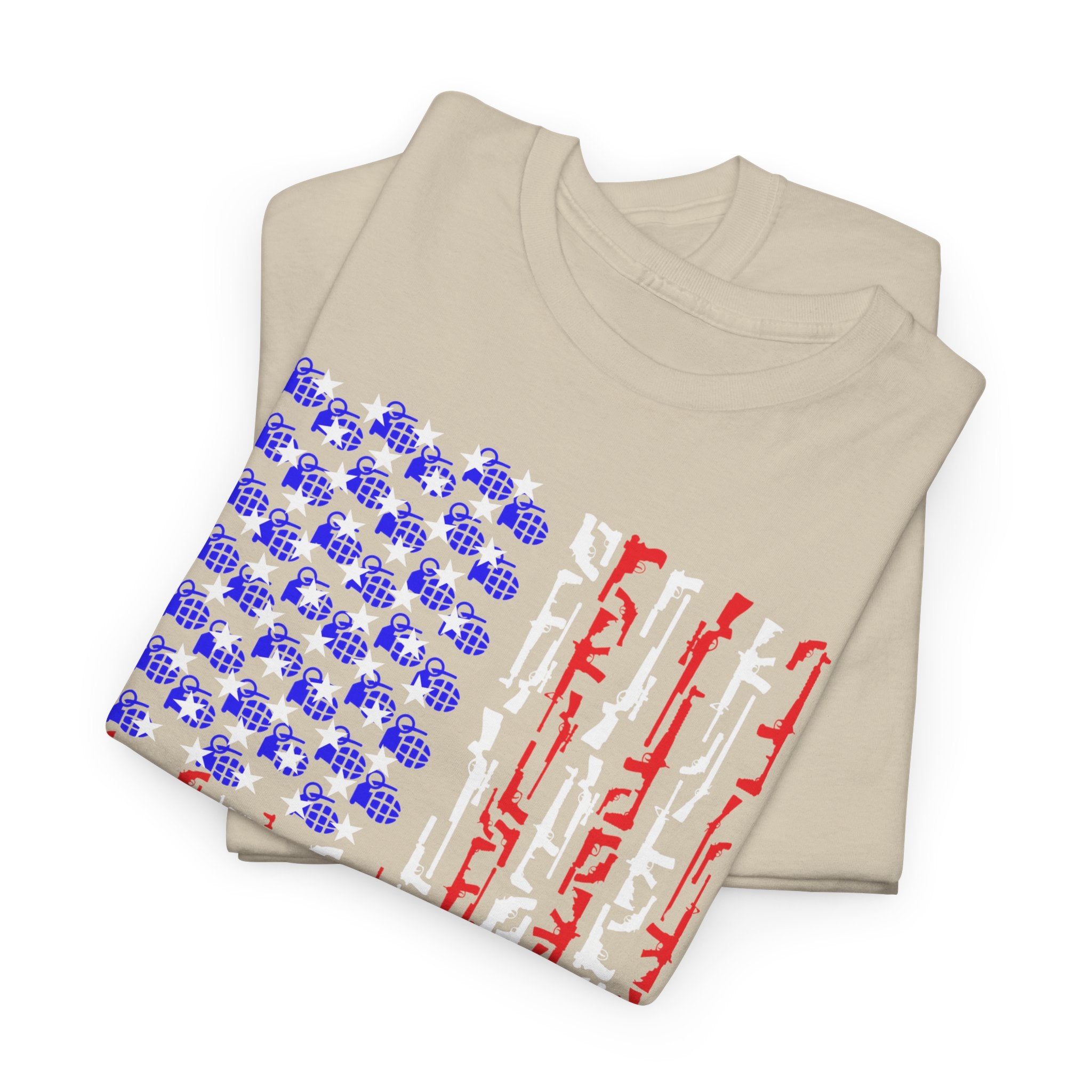 Armament of Freedom – Stars, Stripes & Firepower T-Shirt | Patriotic Unisex Heavy Cotton Tee - USA Flag Design