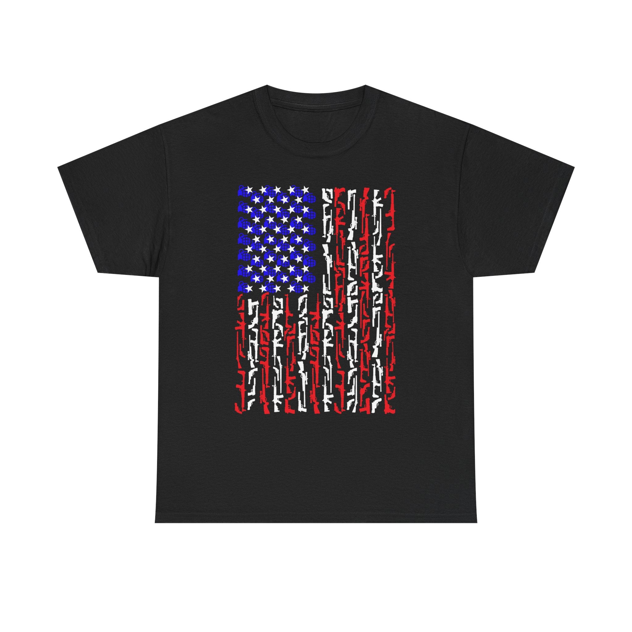 Armament of Freedom – Stars, Stripes & Firepower T-Shirt | Patriotic Unisex Heavy Cotton Tee - USA Flag Design