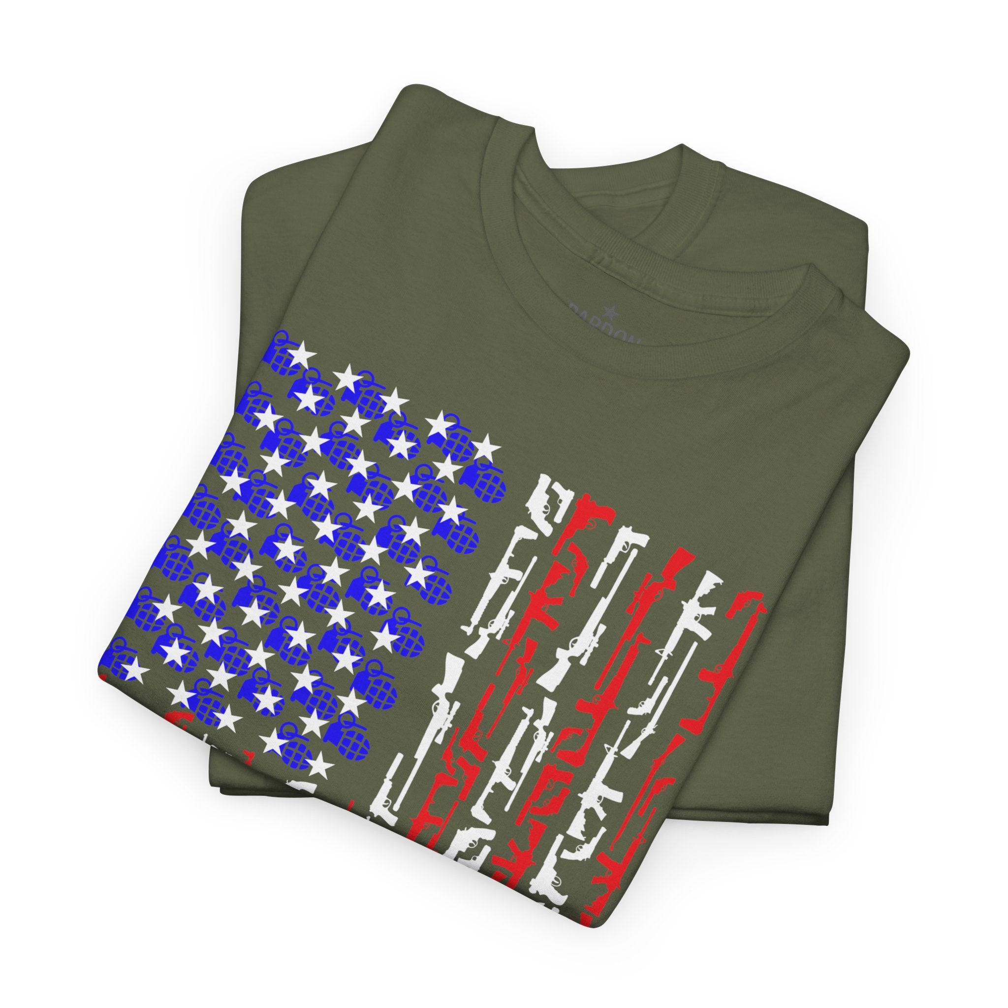 Armament of Freedom – Stars, Stripes & Firepower T-Shirt | Patriotic Unisex Heavy Cotton Tee - USA Flag Design