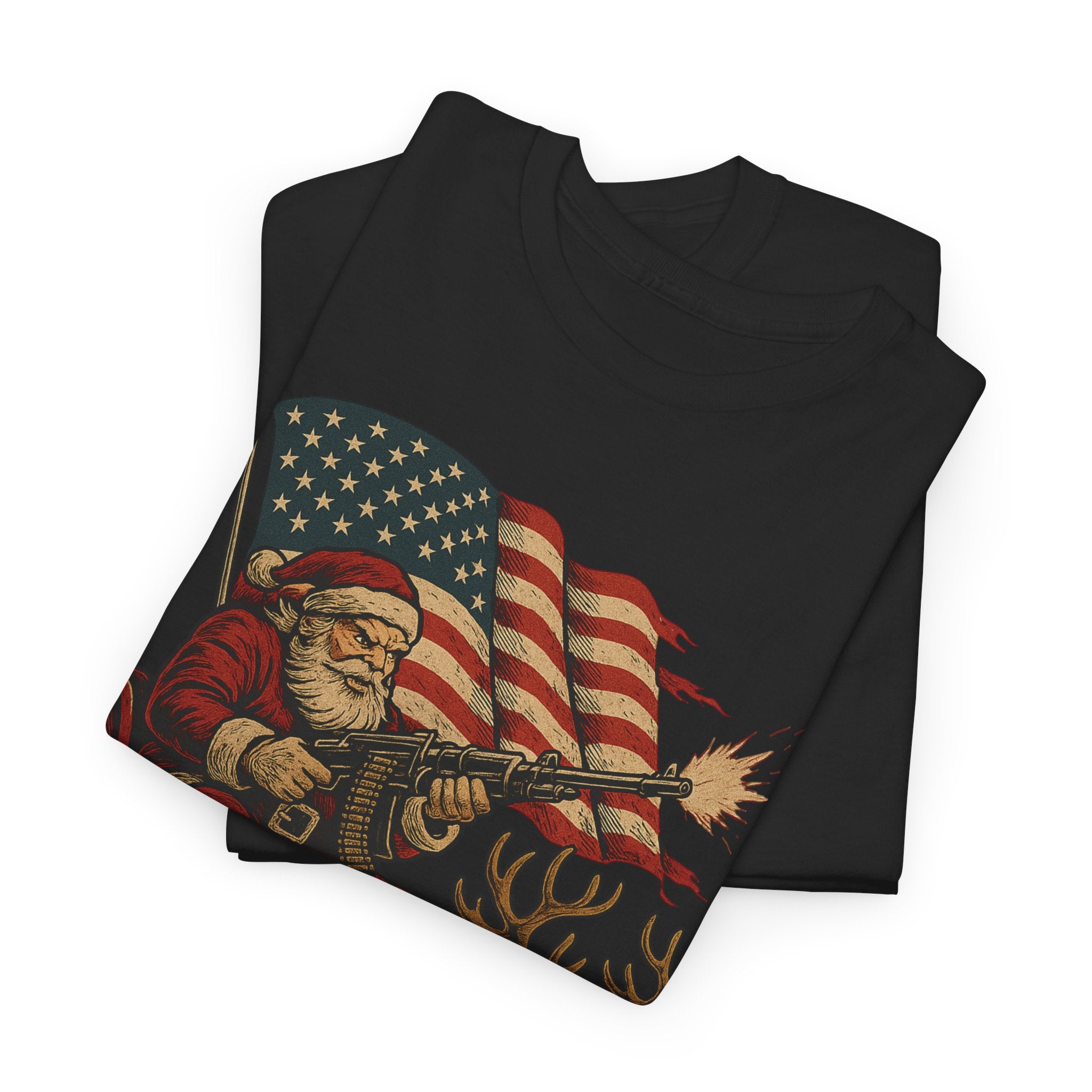 Machine Gun Santa (Sleighin’ & Sprayin’) T-Shirt | Unisex American Pride | Heavy Cotton Unisex Heavy Cotton Military Tribute Tee