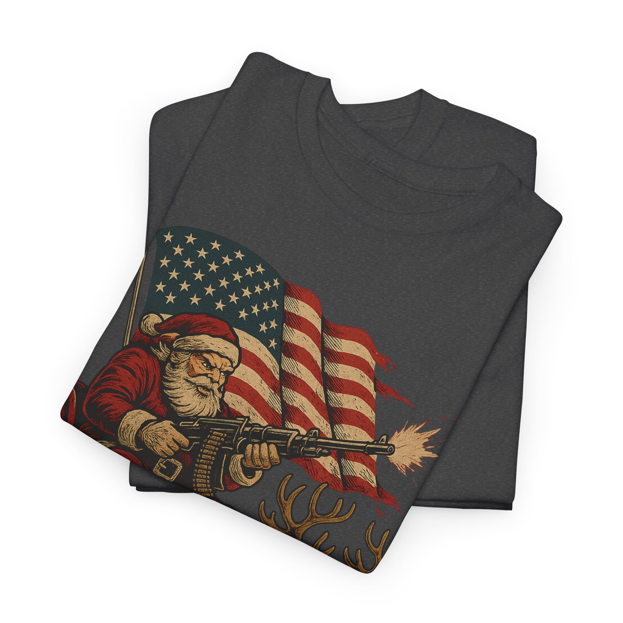 Machine Gun Santa (Sleighin’ & Sprayin’) T-Shirt | Unisex American Pride | Heavy Cotton Unisex Heavy Cotton Military Tribute Tee