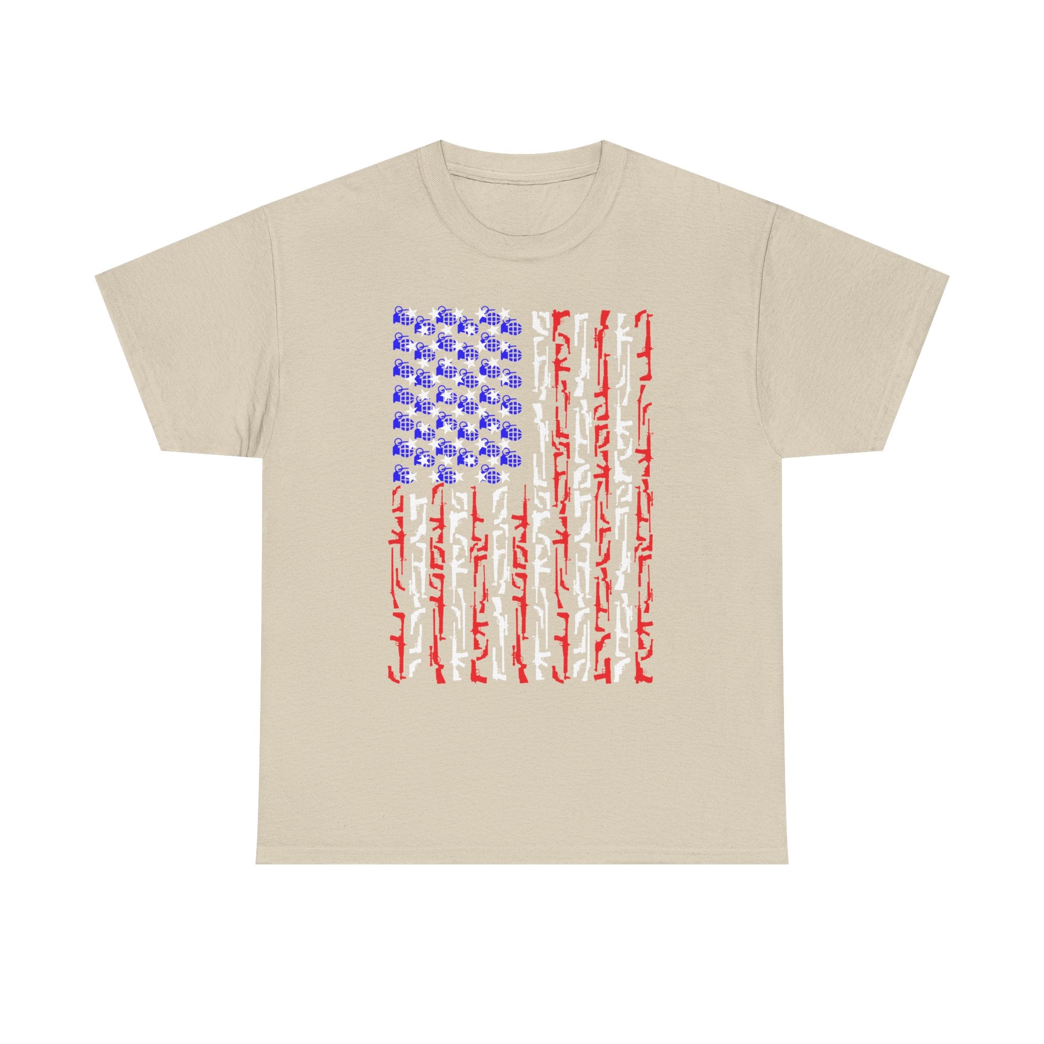 Armament of Freedom – Stars, Stripes & Firepower T-Shirt | Patriotic Unisex Heavy Cotton Tee - USA Flag Design