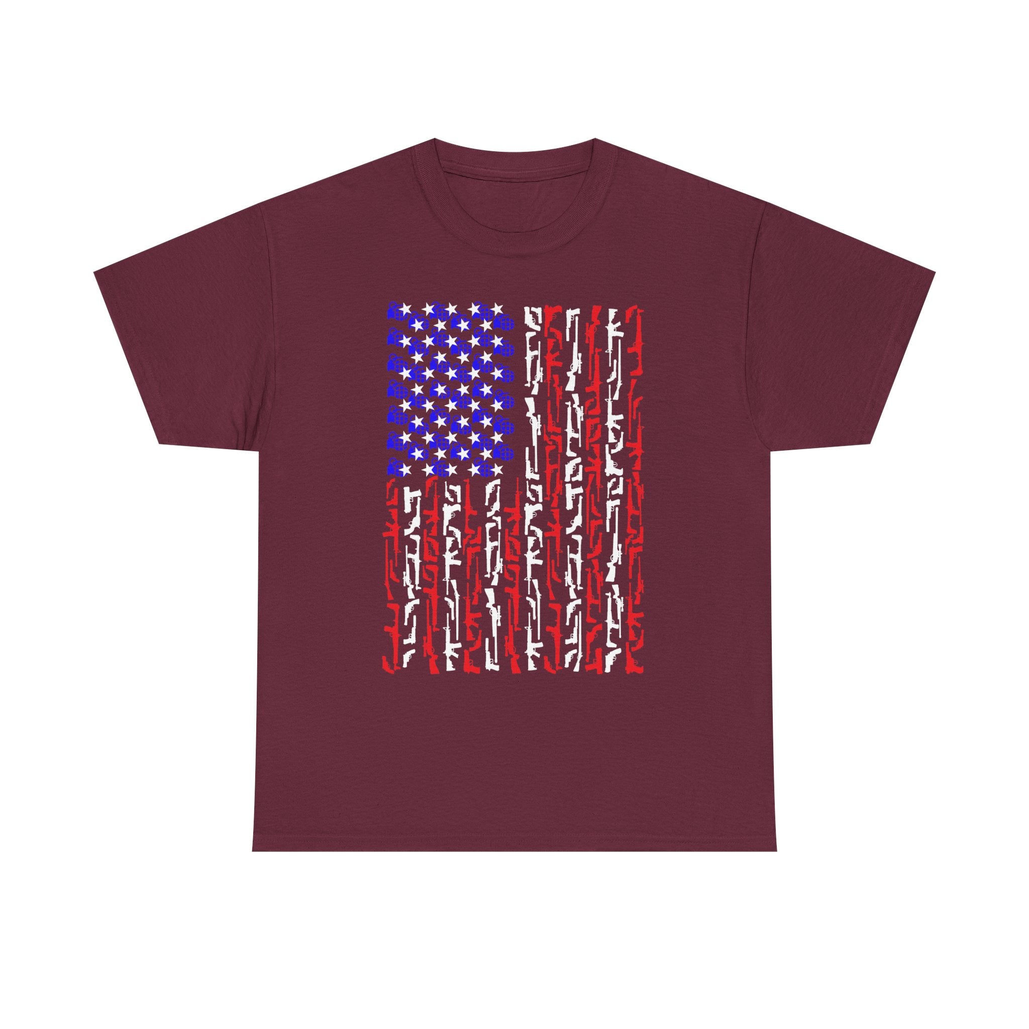 Armament of Freedom – Stars, Stripes & Firepower T-Shirt | Patriotic Unisex Heavy Cotton Tee - USA Flag Design