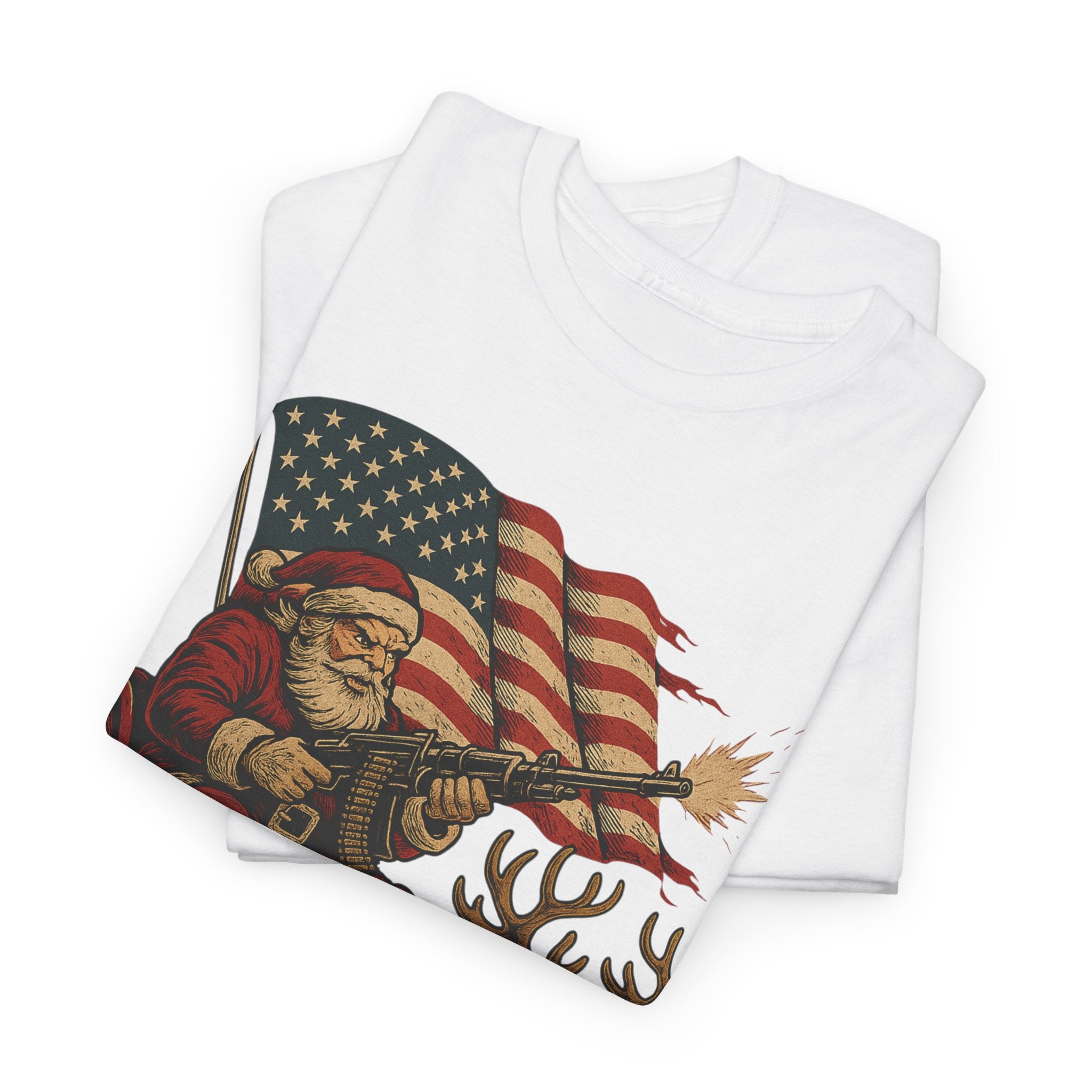 Machine Gun Santa (Sleighin’ & Sprayin’) T-Shirt | Unisex American Pride | Heavy Cotton Unisex Heavy Cotton Military Tribute Tee