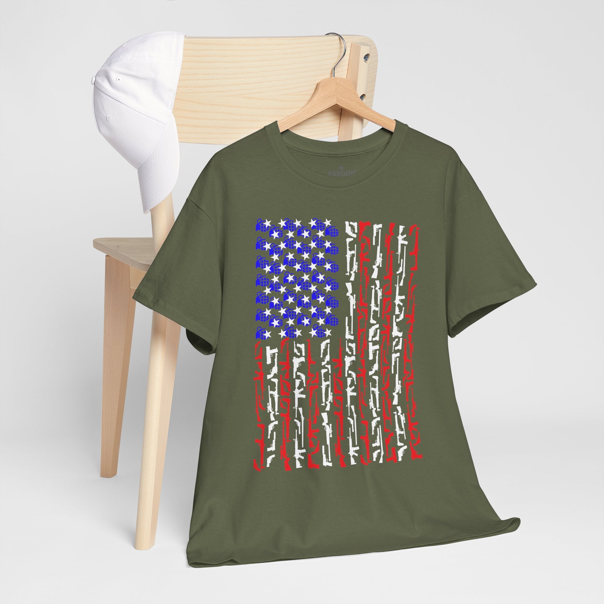 Armament of Freedom – Stars, Stripes & Firepower T-Shirt | Patriotic Unisex Heavy Cotton Tee - USA Flag Design