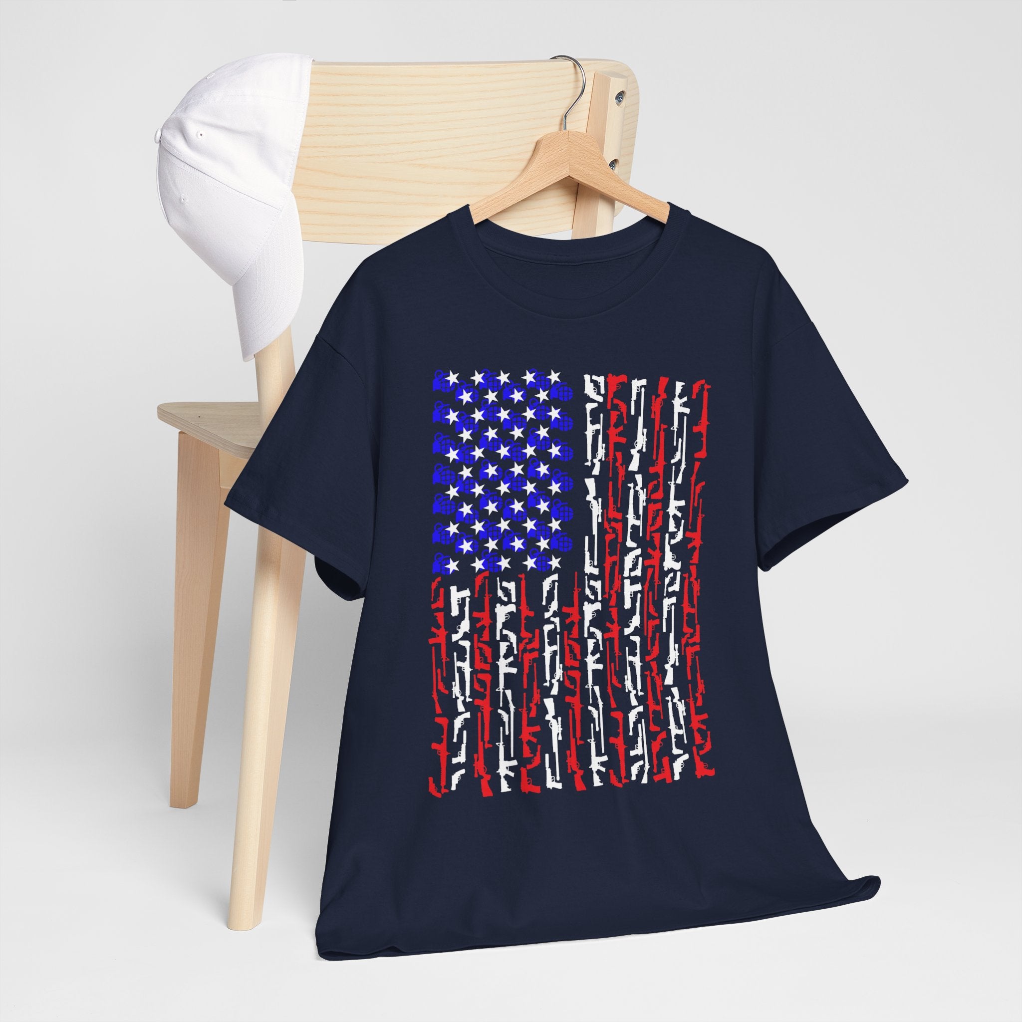 Armament of Freedom – Stars, Stripes & Firepower T-Shirt | Patriotic Unisex Heavy Cotton Tee - USA Flag Design