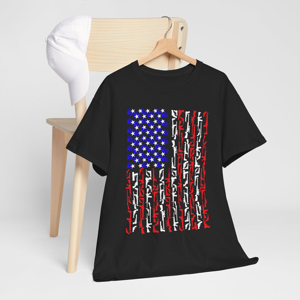 Armament of Freedom – Stars, Stripes & Firepower T-Shirt | Patriotic Unisex Heavy Cotton Tee - USA Flag Design