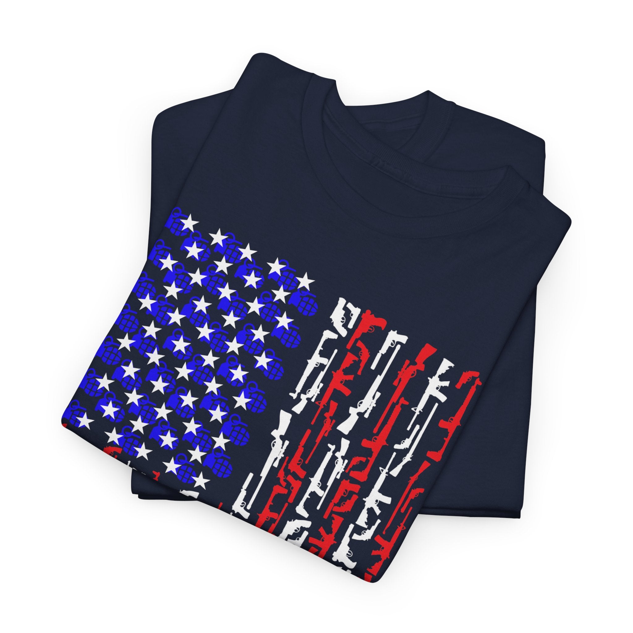 Armament of Freedom – Stars, Stripes & Firepower T-Shirt | Patriotic Unisex Heavy Cotton Tee - USA Flag Design