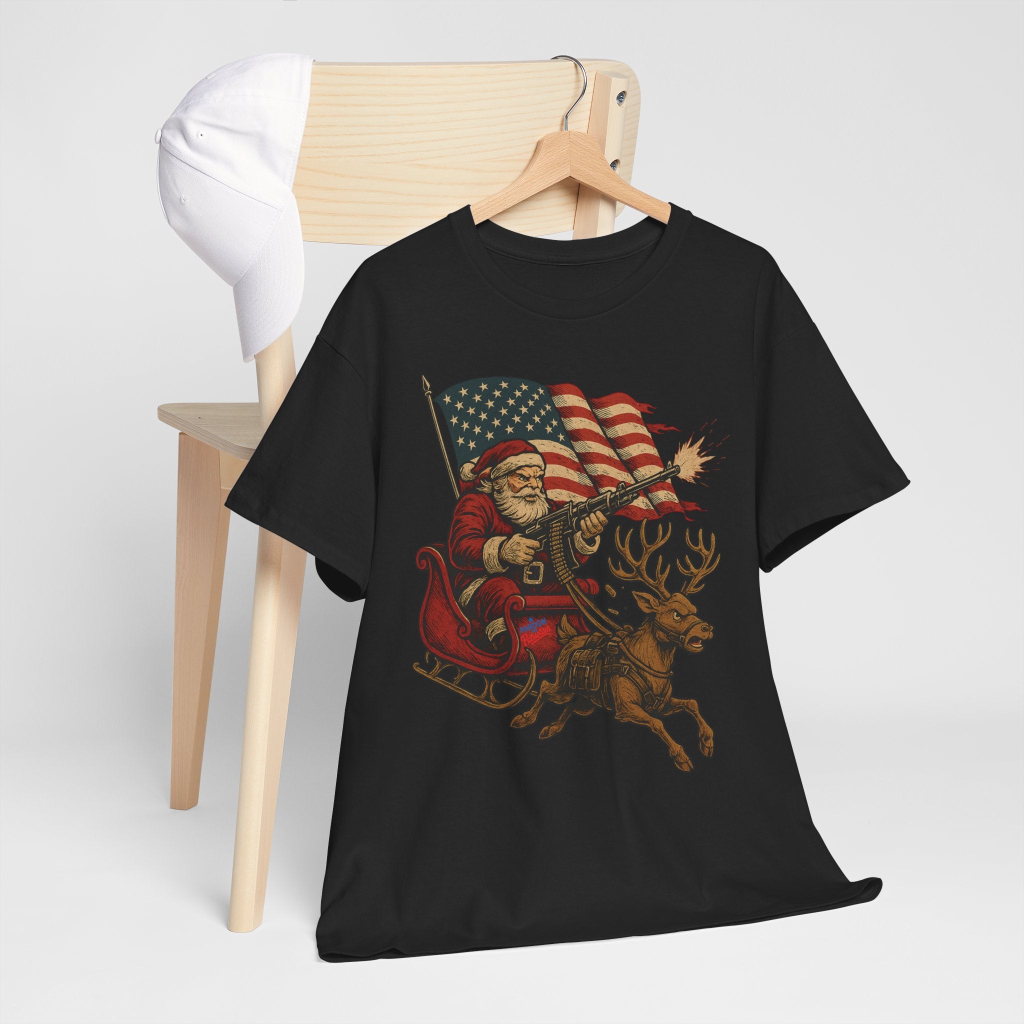 LIMITED Machine Gun Santa (Sleighin’ & Sprayin’) T-Shirt | Unisex American Pride | Heavy Cotton Unisex Heavy Cotton Military Tribute Tee