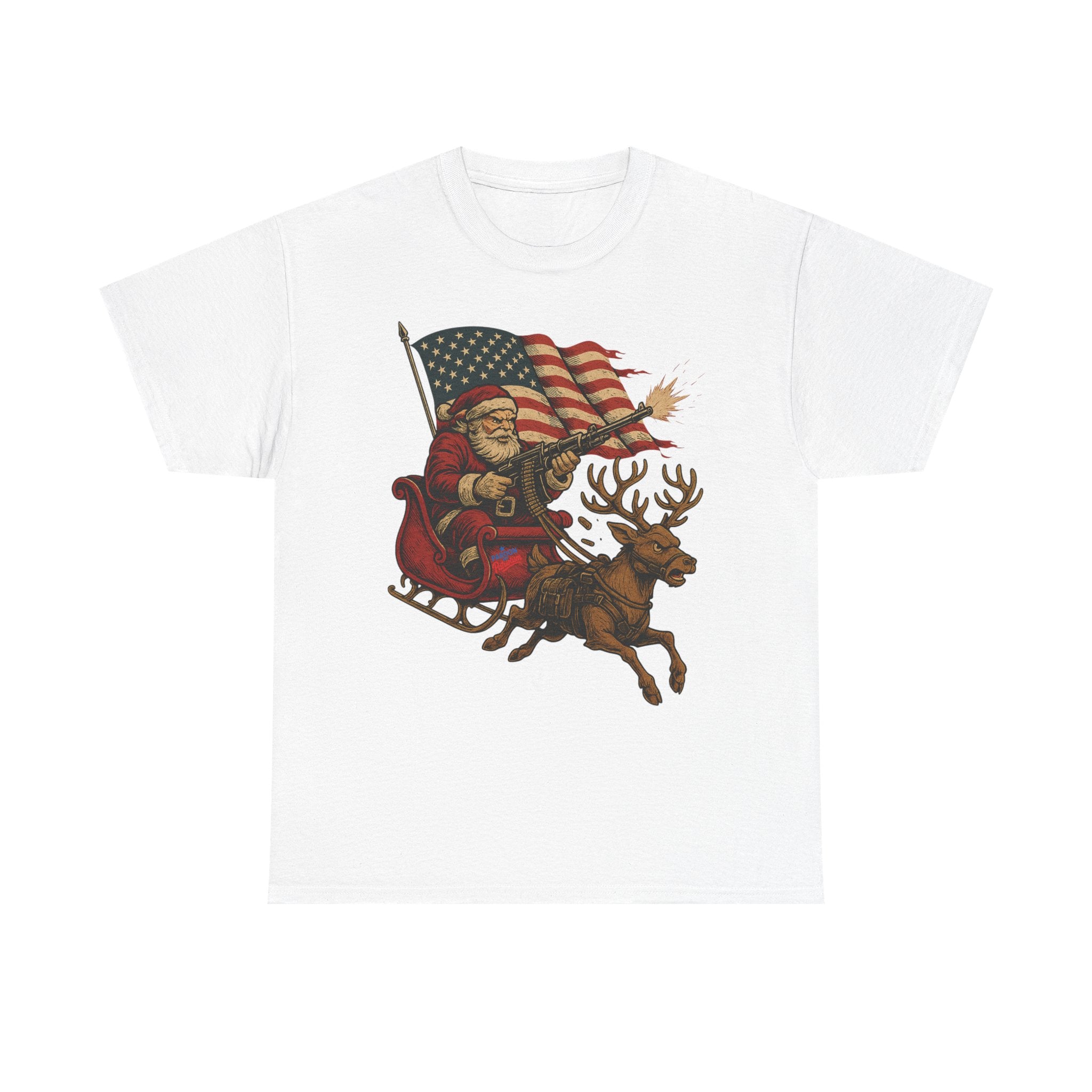 Machine Gun Santa (Sleighin’ & Sprayin’) T-Shirt | Unisex American Pride | Heavy Cotton Unisex Heavy Cotton Military Tribute Tee